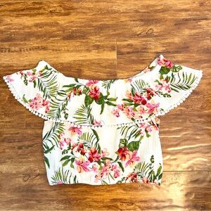 Off the shoulder crop top tropical leaves flowers floral whitegreenredpink Small